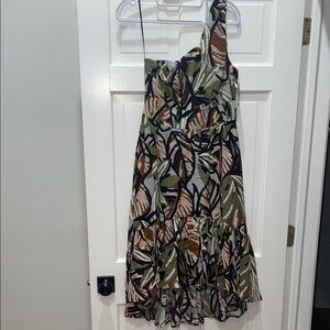 Francesca's Collections One-Shoulder Leaf Print Dress - Green and Brown
